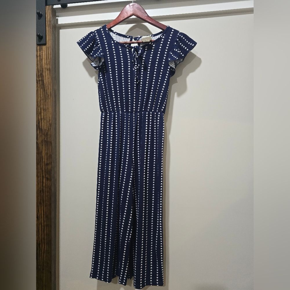 Jenna & Jessie Girls Heart Print Ruffle Sleeve Jumpsuit Blue & White Size 8